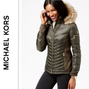 MICHAEL KORS FAUX-FUR TRIM MIXED -MEDIA PUFFER COAT WOMEN'S SIZE S OLIVE GREEN